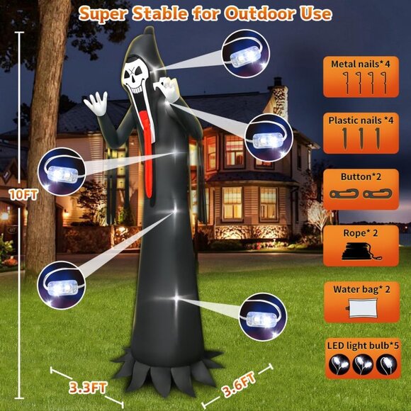 10 FT Halloween Inflatable Grim Reaper Decoration with Led Light Scary Halloween - Picture 4 of 6